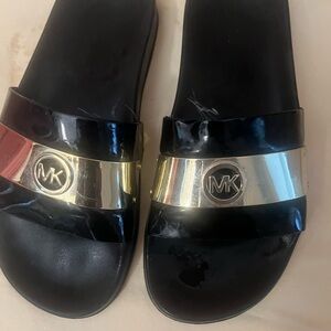 Michael Kors Black Slide Sandals with Gold Detail